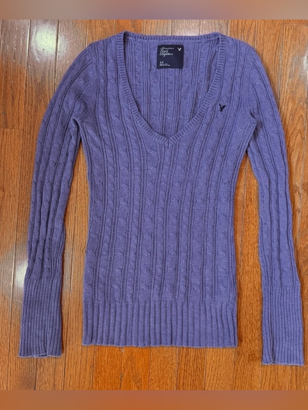 Y2K American Eagle Women’s Small Fitted Cable Knit V Neck Sweater Preppy 2000s